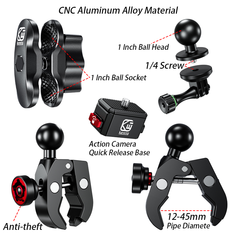 360° Adjustable Double Ball Mount Arm Bracket Kit with Quick Release Base